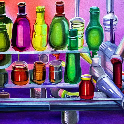 Image similar to detailed painting of an alchemist lab, large tubes, colorful liquid