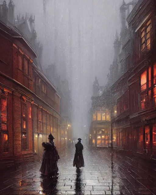 Image similar to a highly detailed epic cinematic concept art CG render digital painting artwork: Victorian London, raining. By Greg Rutkowski, in the style of Francis Bacon and Syd Mead and Norman Rockwell and Beksinski, open ceiling, highly detailed, painted by Francis Bacon and Edward Hopper, painted by James Gilleard, surrealism, airbrush, Ilya Kuvshinov, WLOP, Stanley Artgerm, very coherent, triadic color scheme, art by Takato Yamamoto and James Jean