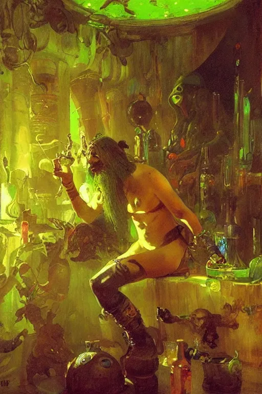 Image similar to a space viking drinking green neon liquid in an alien tavern. art by ilya repin.