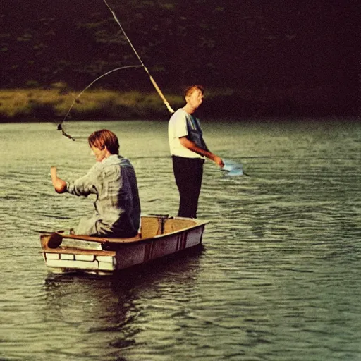 Image similar to damon albarn and thom yorke going fishing, photograph, film photography, soft lighting, 8 k