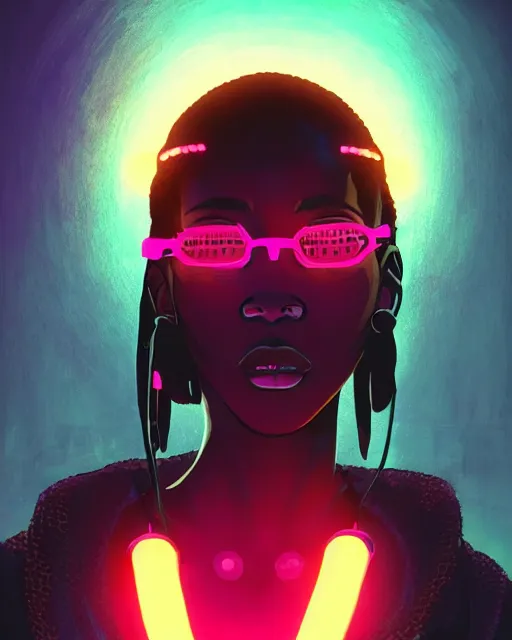 Prompt: kyoto animation, cool african lady wearing cyberpunk intricate warcore, neon lighting tubes, beautiful, detailed portrait, cell shaded, 4 k, concept art, by wlop, ilya kuvshinov, artgerm, krenz cushart, greg rutkowski, pixiv. cinematic dramatic atmosphere, sharp focus, volumetric lighting, cinematic lighting, studio quality