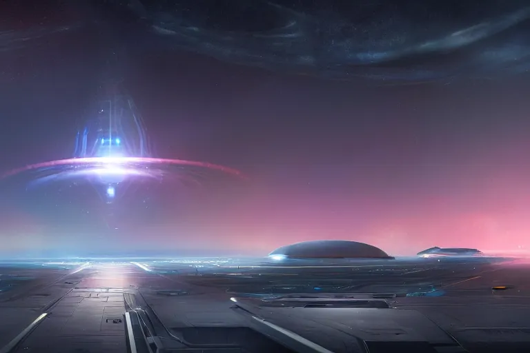 Image similar to a distant futuristic military installation, on the horizon, sleek, menacing, glowing lighting and neon signs, Raymond Swanland and Jessica Rossier nebula like clouds in space background near a ringed gas giant, hyper detailed hyper detailed, 8k, ultra realistic, cinematic lighting, ultra wide 35mm lens, Boeing Concept Art, Lockheed concept art