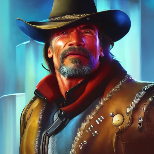 Image similar to a screenshot of arnold schwarzenegger as mccree in overwatch, portrait, fantasy, beautiful face, vivid colors, elegant, concept art, sharp focus, digital art, hyper - realistic, 4 k, unreal engine, highly detailed, hd, dramatic lighting by brom, trending on artstation