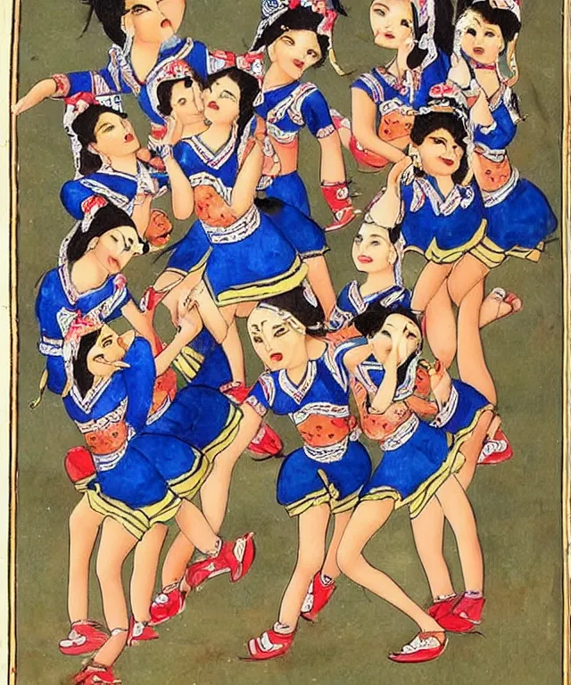 Image similar to a persian miniature painting, cute cheerleaders dancing, shorts, ultra sharp, extra details, ultra high quality, trending on pinteresst