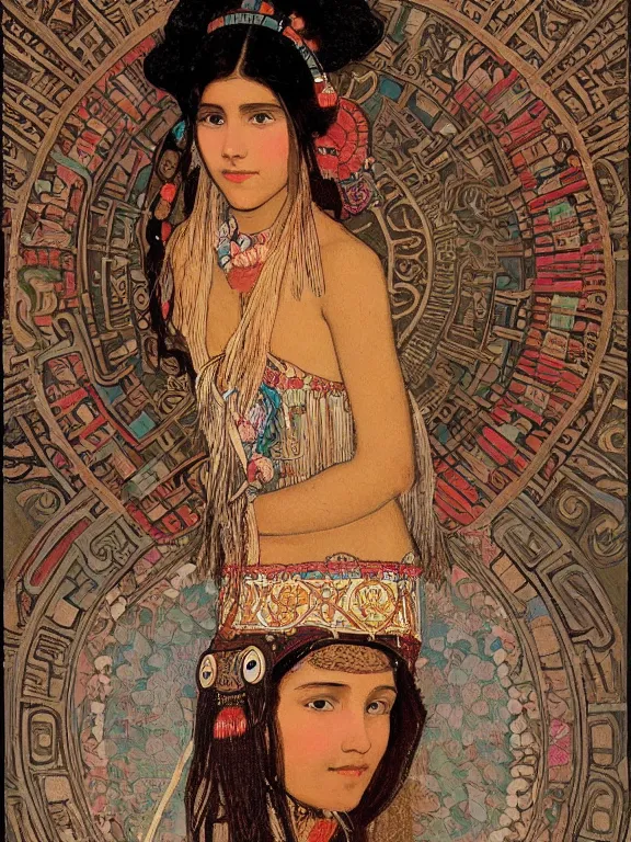 Image similar to an art nouveau painting of a pretty young native mayan woman dressed in a traditional, modest coat of beads and feathers and an elaborate headdress, in front of an aztec calendar, intricate, detailed, smooth, complex, elaborate, by alphonse mucha and james gurney and john william waterhouse