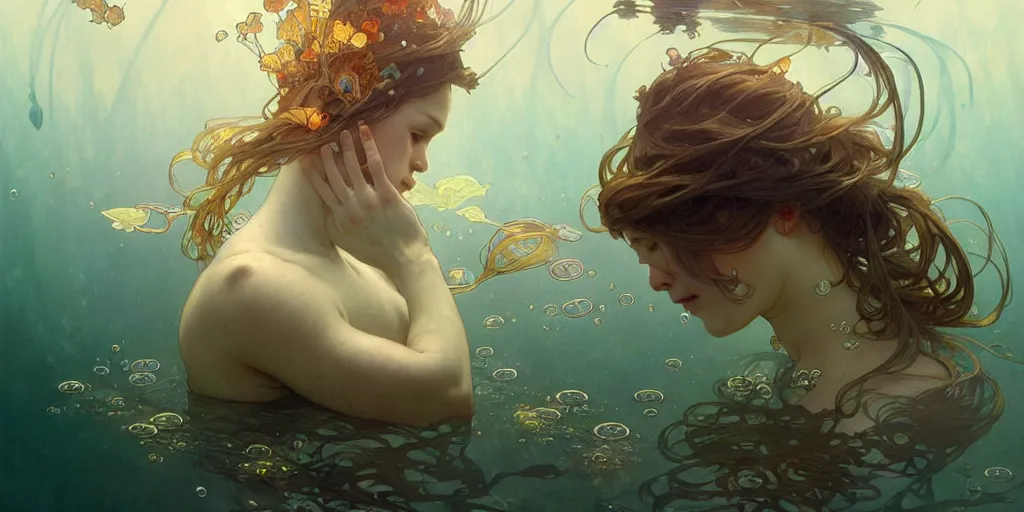 Prompt: a beautiful illustration of underwater life, intricate, sharp focus, illustration, highly detailed, digital painting, concept art, matte, art by wlop and artgerm and greg rutkowski and alphonse mucha, masterpiece