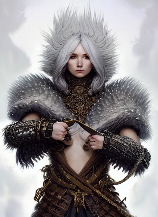 Image similar to fur coated armor!!! long wild white hair!! covered chest!!! fantasy, d & d, intricate ornate details, symmetry, concept art, sharp focus, illustration, art by artgerm! greg rutkowski magali villeneuve wlop! ilya kuvshinov!!, octane render, unreal engine 5, highly rendered!!