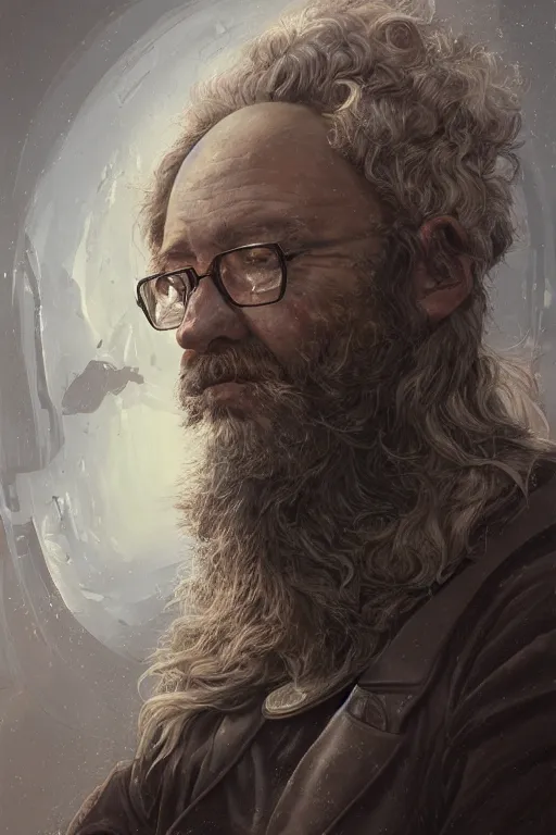 Prompt: Portrait of philosopher Peter Kropotkin with a long beard wearing futuristic power armor, sci-fi, intricate, highly detailed, digital painting, trending on artstation, sharp focus, illustration, style of Stanley Artgerm and Greg Rutkowski and Dan Mumford