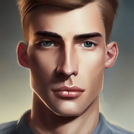 Image similar to tall man in his twenties with brown blond short quiff hair and thin slightly round facial structure with cleft chin, straight eyebrows and prominent nose, good definition of cheekbones, big hazel nut brown eyes, narrow face, slim body, atmospheric lighting, painted, intricate, 4 k, highly detailed by charlie bowater