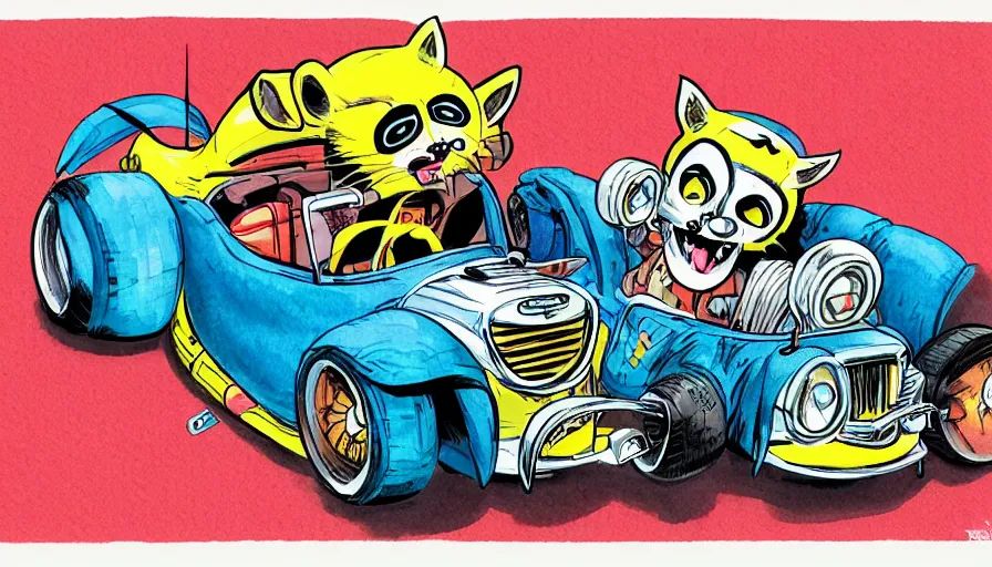 Image similar to funny, comic book style, racoon riding in a tiny hot rod coupe with oversized engine, ratfink style by ed roth, centered award winning watercolor pen illustration, by chihiro iwasaki, edited by range murata