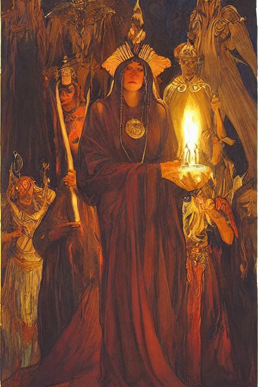 Image similar to queen of the underworld with her lantern and retinue, by Annie Swynnerton and Nicholas Roerich and jean delville, strong dramatic cinematic lighting , ornate headdress , flowing robes, lost civilizations, smooth, sharp focus, extremely detailed