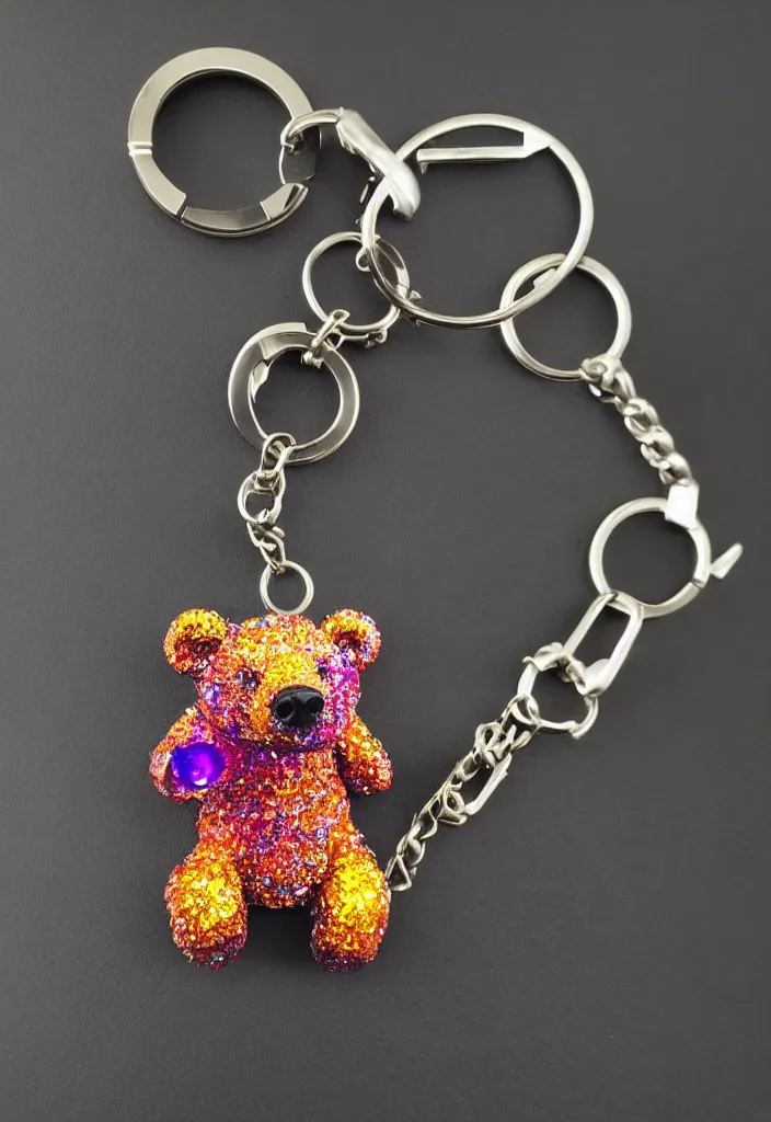 Image similar to a small colourful crystal bear keychain by greg rutkowski, sung choi, mitchell mohrhauser, maciej kuciara, johnson ting, maxim verehin, peter konig, 8 k photorealistic, cinematic lighting, hd, high details, dramatic, atmosphereric, trending on artstation