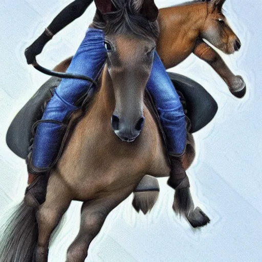 Image similar to a cat riding on a horses back, photorealistic art, high definition