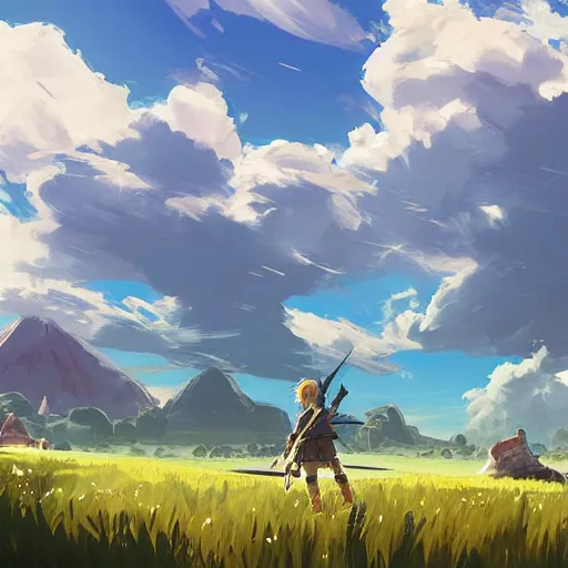 Image similar to landscape of a field. clean sharp digital art, environment concept art, by rossdraws, ghibli, breath of the wild, greg rutkowski