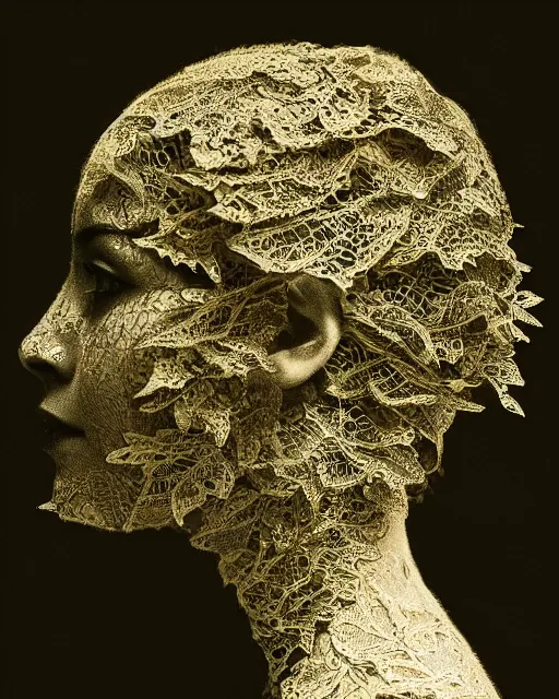 Prompt: a woman's face in profile, made of intricate lace leaves, in the style of the dutch masters and gregory crewdson, dark and moody