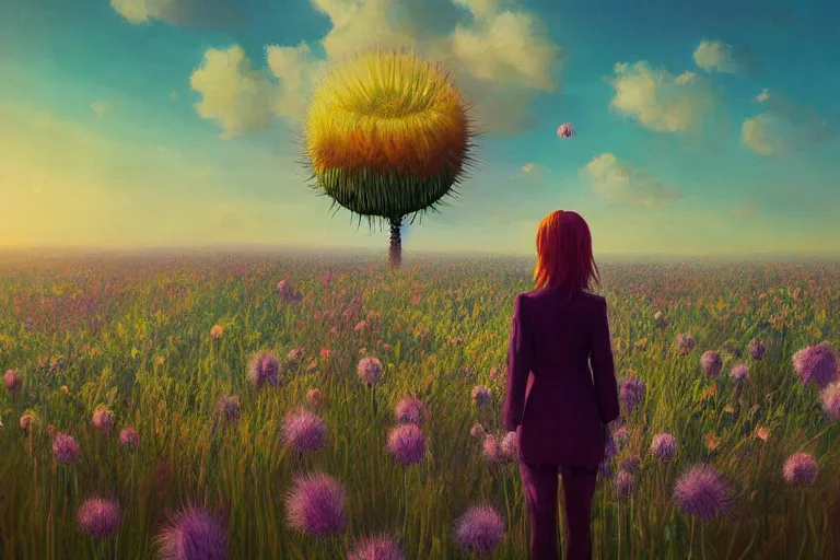 Image similar to giant thistle head, girl in suit in field of flowers, surreal photography, sunrise, blue sky, dramatic light, impressionist painting, digital painting, artstation, simon stalenhag