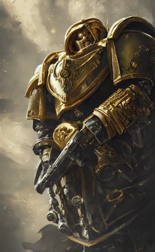 Prompt: warhammer 40k, half-lenght portrait of Emperor of Mankind, beautiful man without helmet, gold armor, beautiful face, long blonde hair, digital art, illustration, fine details, cinematic, highly detailed, octane render