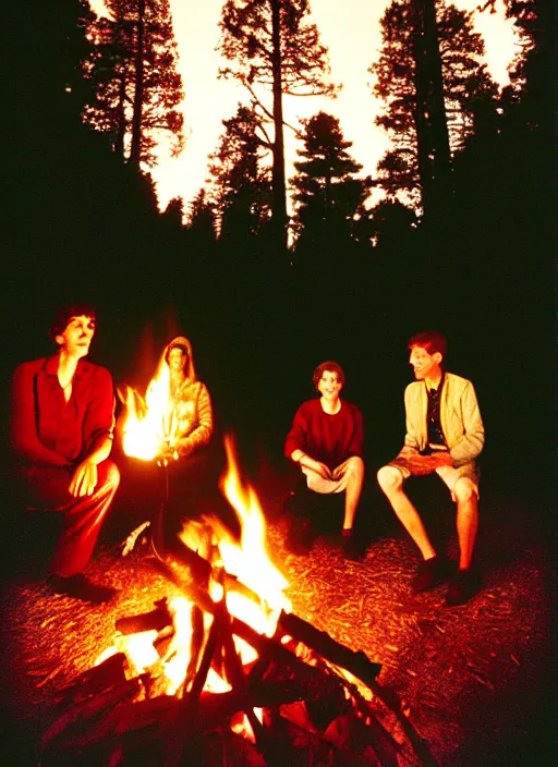 Prompt: portra 4 0 0 film photography, cinematic cannes film festival poster by wes anderson, wide angle lens, 3 friends surrounding a campfire in an opening in the middle of the tall forest from afar, composition by justine kirland, intense shadows cast by campfire,