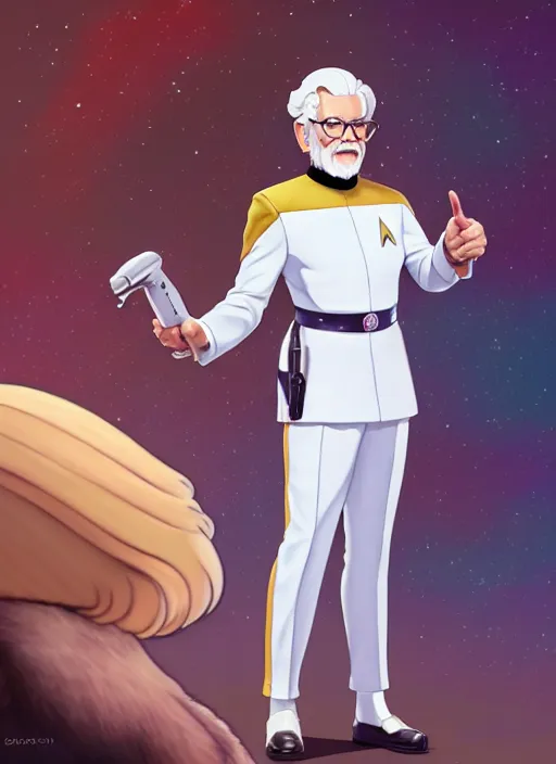 Image similar to cute star trek officer colonel sanders, natural lighting, path traced, highly detailed, high quality, digital painting, by don bluth and ross tran and studio ghibli and alphonse mucha, artgerm