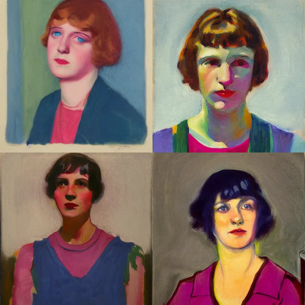 Prompt: portrait in the style of american realism ( 1 9 2 3 ), quinacridone magenta, hansa yellow, and indigo