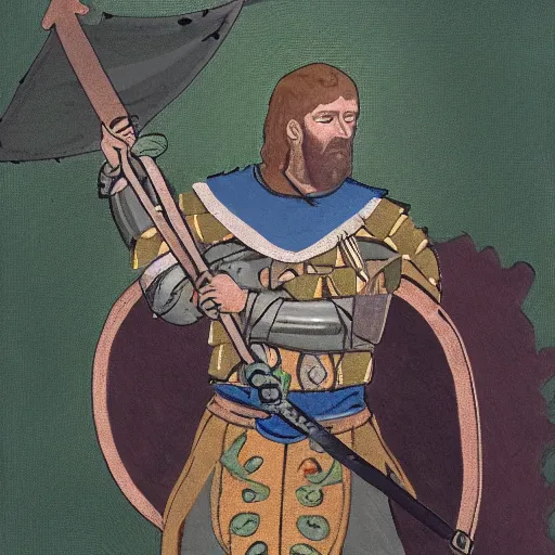 Prompt: an olive skinned, fierce, medieval stout knight with a blue tunic over chainmail, green pants with a black leather belt and a coin pouch, holding a blue kite shield with fleur - de - lis symbols, holding a short sword in an arena, real life, gladiator