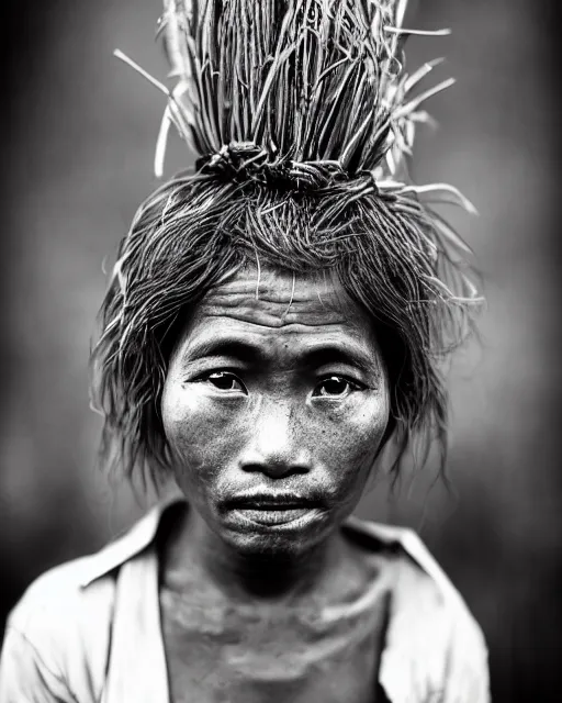 Prompt: Award winning Portrait photo of a Native Myanmarese with hyper-detailed hair and beautiful eyes wearing traditional garb by Lee Jeffries, 85mm ND 5, perfect lighting, gelatin silver process