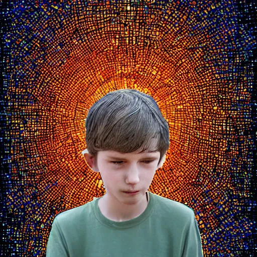 Image similar to a boy in a field with a sky background, a mosaic of screens by jeffrey smith, behance contest winner, generative art, circuitry, fractalism, behance hd