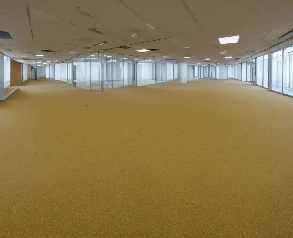 Prompt: empty 9 0 s office building with no windows doors or furniture the building has brown carpet and yellow wallpaper