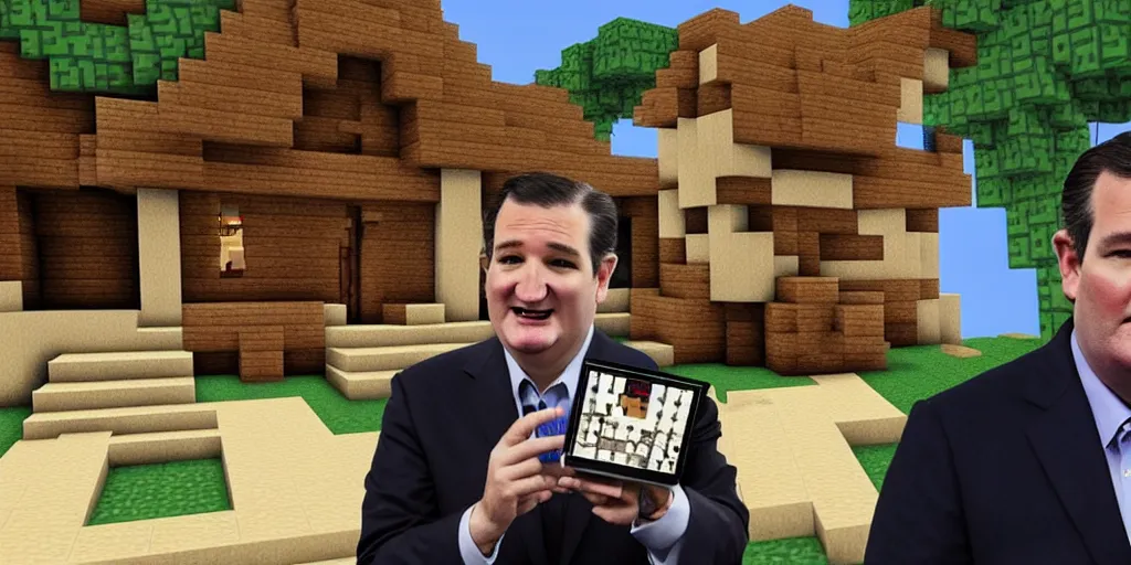 Prompt: ted cruz in a minecraft house standing next to a chest