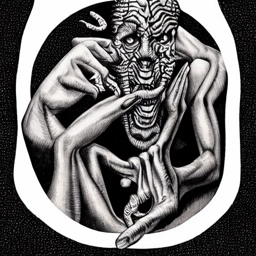 Image similar to high quality rendition of a horrifying man eater by m. c escher, m night shamalan, steven king and h. p. lovecraft. this will keep me up at night.