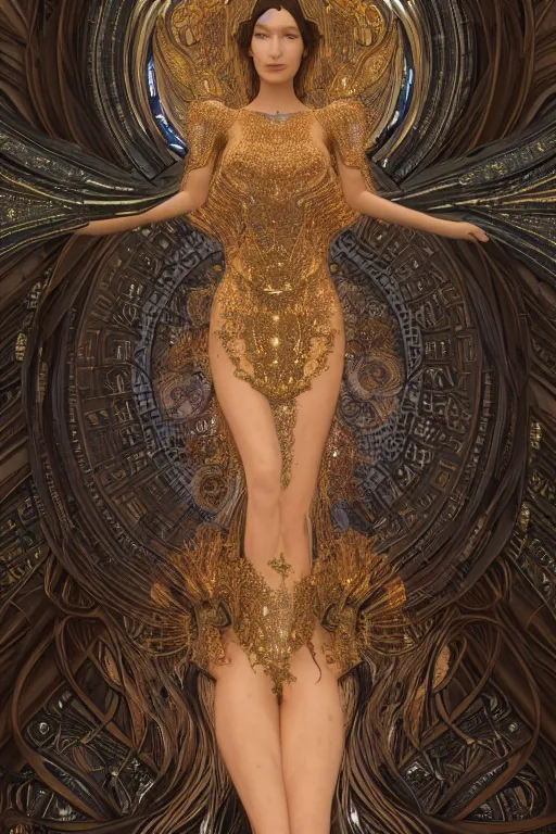 Image similar to a highly detailed portrait of a beautiful alien goddess bella hadid in iris van herpen dress in diamonds and fractals in style of alphonse mucha art nuvo gustav klimt trending on artstation made in unreal engine 4