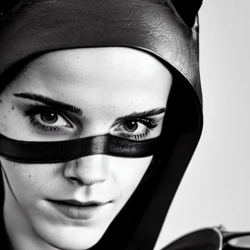 Image similar to Emma Watson as Catwoman, Fujifilm X-T3, 1/1250sec at f/2.8, ISO 160, 84mm, 8K, RAW, symmetrical balance, Dolby Vision