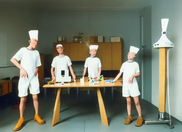 Prompt: realistic photo of a three young scientists wearing white shorts, cone heads, casting a levitating thunderbolt, in a spacious living room sci - fi laboratory with many wooden gadgets made of wood interior is made of wood 1 9 9 0, life magazine reportage photo, natural colors