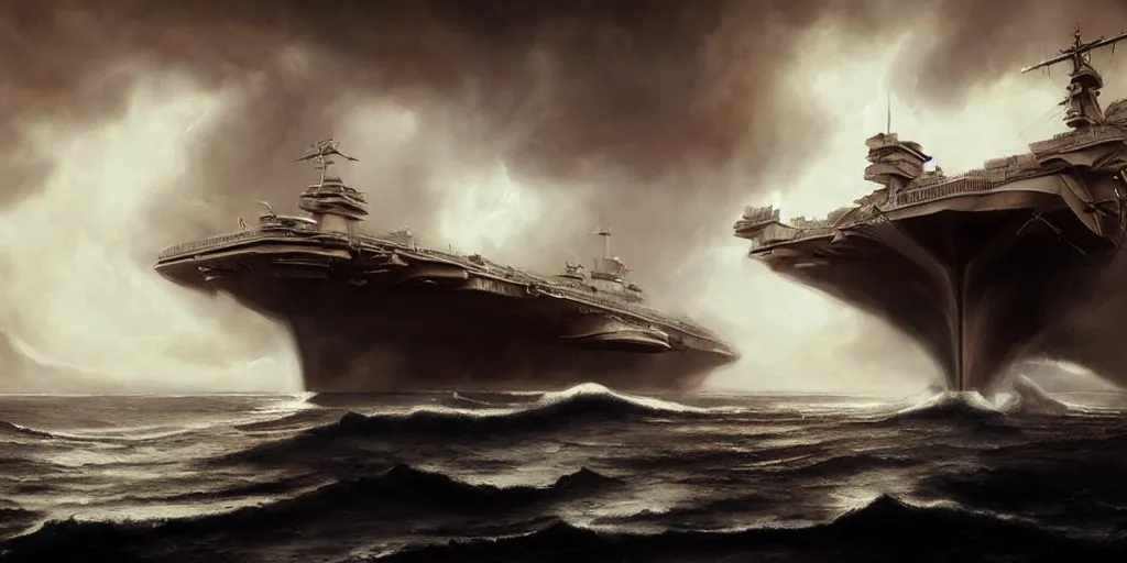 Image similar to a viking style aircraft carrier, by Rolf Armstrong and Evelyn De Morgan and Bastien Lecouffe-Deharme, dramatic lighting, high contrast colors, baroque, empyrean, panoramic view, as trending on Artstation, highly detailed, doom engine,