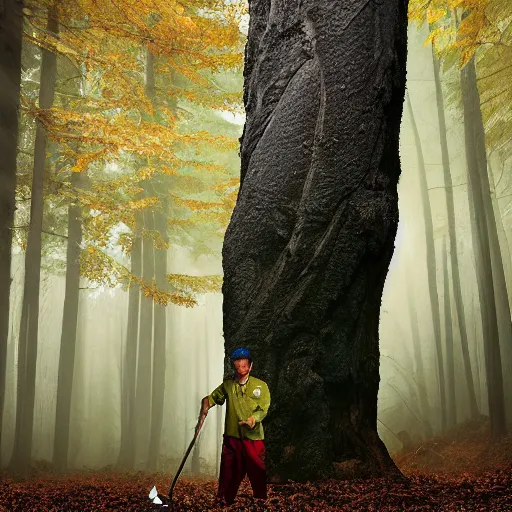 Prompt: closeup portrait of a cleaner with a huge rake in a fall forest, sports photography, by Neil Leifer and Steve McCurry and David Lazar, natural light, detailed face, CANON Eos C300, ƒ1.8, 35mm, 8K, medium-format print