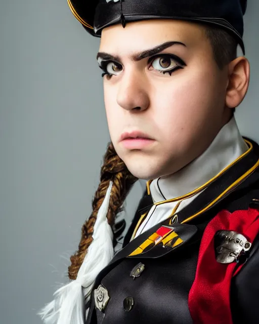 Image similar to A portrait of a mragot robbie in a cosplay uniform, piercing eyes, highly detailed, bokeh, professional photograph, full body shot 4K, HD