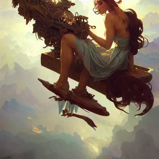 Image similar to plane on the sky d & d fantasy intricate elegant highly detailed digital painting artstation concept art matte sharp focus illustration hearthstone art by artgerm art by greg rutkowski, art by alphonse mucha