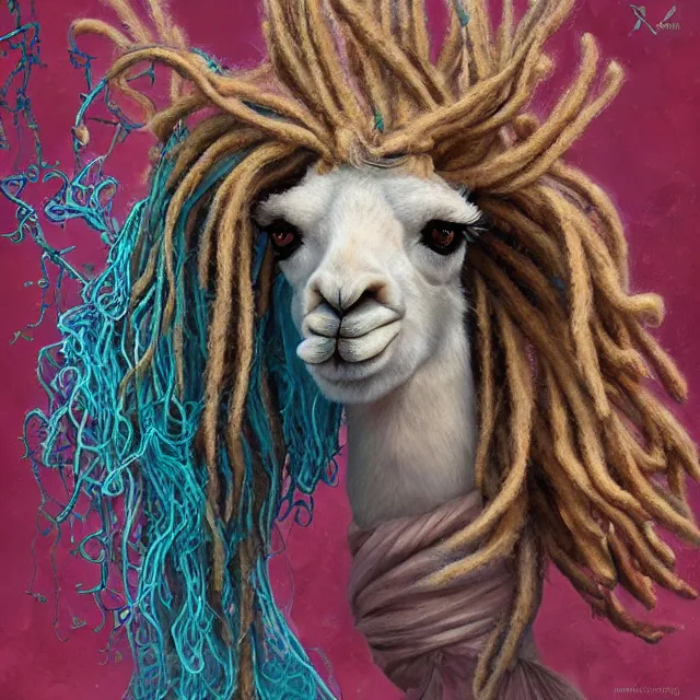 Image similar to llama with dreadlocks, aqua, by mandy jurgens, ernst haeckel, james jean