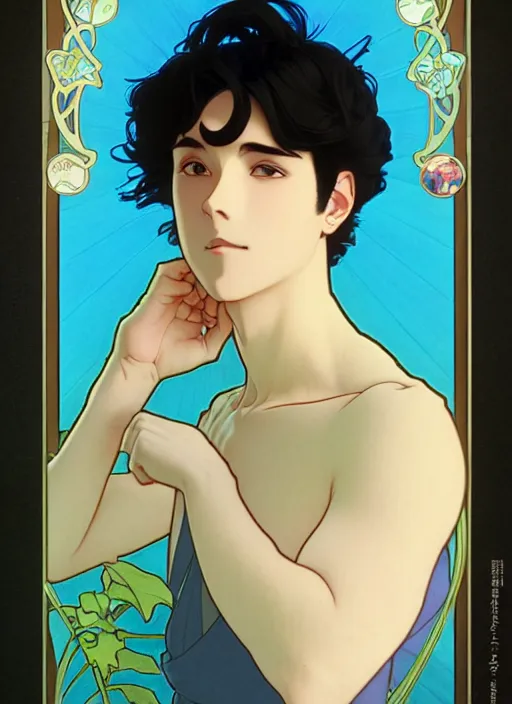 Image similar to handsome young man with short black hair, male, dressed in blue, looking down, half body shot, arms down, path traced, highly detailed, high quality, digital painting, by studio ghibli and alphonse mucha, leesha hannigan, hidari, art nouveau, chiho aoshima, posuka demizu, atey ghailan