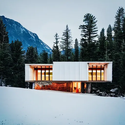 Image similar to wes anderson style modern futuristic house near the lake, snowy mountains and green forest, cinematic, realism, photo, detailed