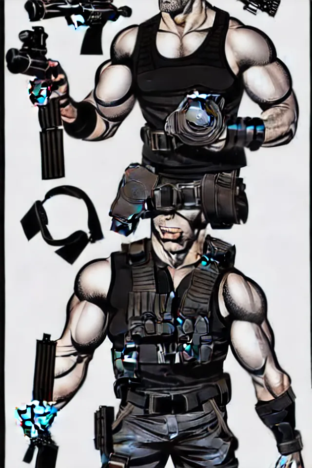 Image similar to muscular man, black vest with no shirt underneath, goggles around his neck, cargo pants, ammo belt, holding a blaster, long black hair in a ponytail, five o' clock shadow, comic book art, full body shot