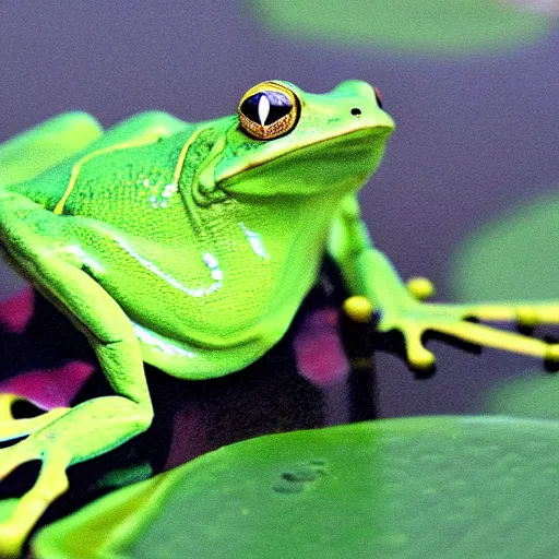 Prompt: hyper realistic close up of a poisonous frog on a lily pad