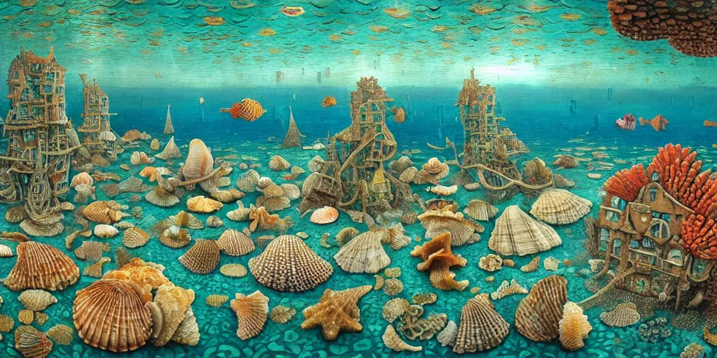 Image similar to underwater city inside!! the seashell, man in the swimming suit walks, seaweed, corals, carps, koi fish, small scandinavian!!! houses, little people!!!, by jacek yerka by levitan, surrealistic painting, masterpiece, oil painting, sharp focus, highly detailed, intricate, smooth, 8 k,