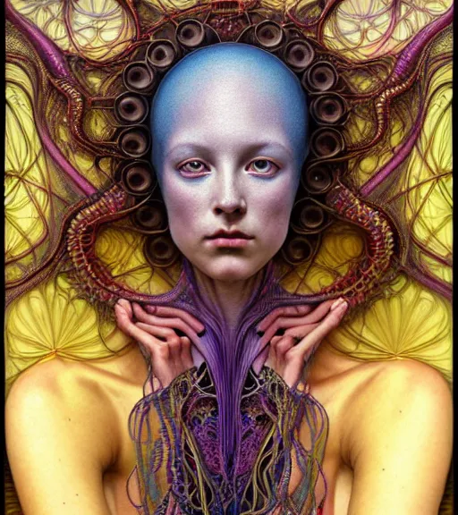 Prompt: detailed realistic beautiful young groovypunk queen of andromedax galaxy in full regal attire. face portrait. art nouveau, symbolist, visionary, baroque, giant fractal details. horizontal symmetry by zdzisław beksinski, iris van herpen, raymond swanland and alphonse mucha. highly detailed, hyper - real, beautiful