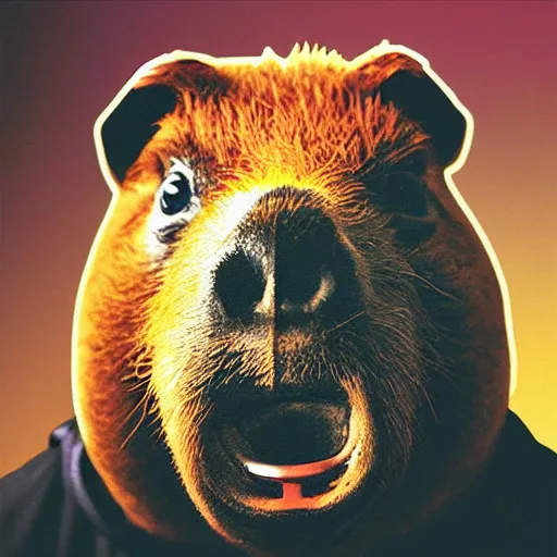 Prompt: an album cover featuring a capybara in the style of Daft Punk