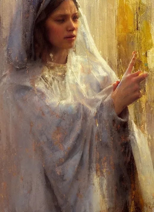 Image similar to portrait of the Virgin Mary wearing golden robes by Jeremy Mann, intricate, warm tones, vivid colors, detailed, stylized, loose brush strokes, looking askance