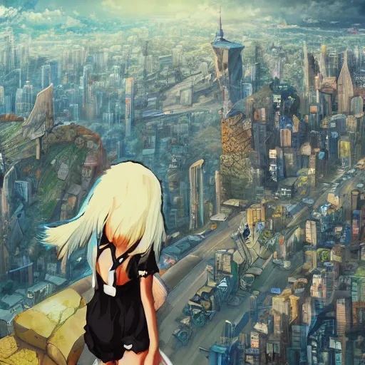 Prompt: anime neko - girl looking from the edge of the cliff on the giant city below, midnight, trending on artstation, highly detailed, satoshi kon artstyle