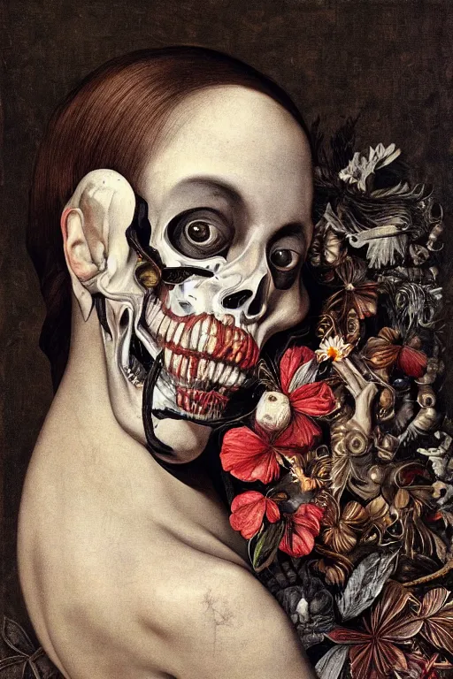 Image similar to Detailed maximalist portrait with large lips and eyes, scared, botanical skeletal with extra flesh, HD mixed media, 3D collage, highly detailed and intricate, surreal illustration in the style of Caravaggio, dark art, baroque