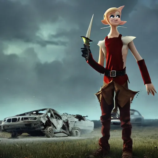 Image similar to a skinny high-fantasy elf with a long narrow face and spiky blonde hair wearing dark brown overalls and holding a bomb next to a destroyed car, high resolution film still, 8k, artstation