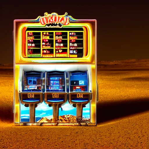 Image similar to a slot machine in the middle of a desert at night, wide shot, liminal space,